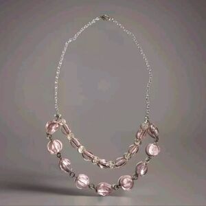 Glass Bead Multi Strand Pink Rose Silver Tone Moonglow Necklace